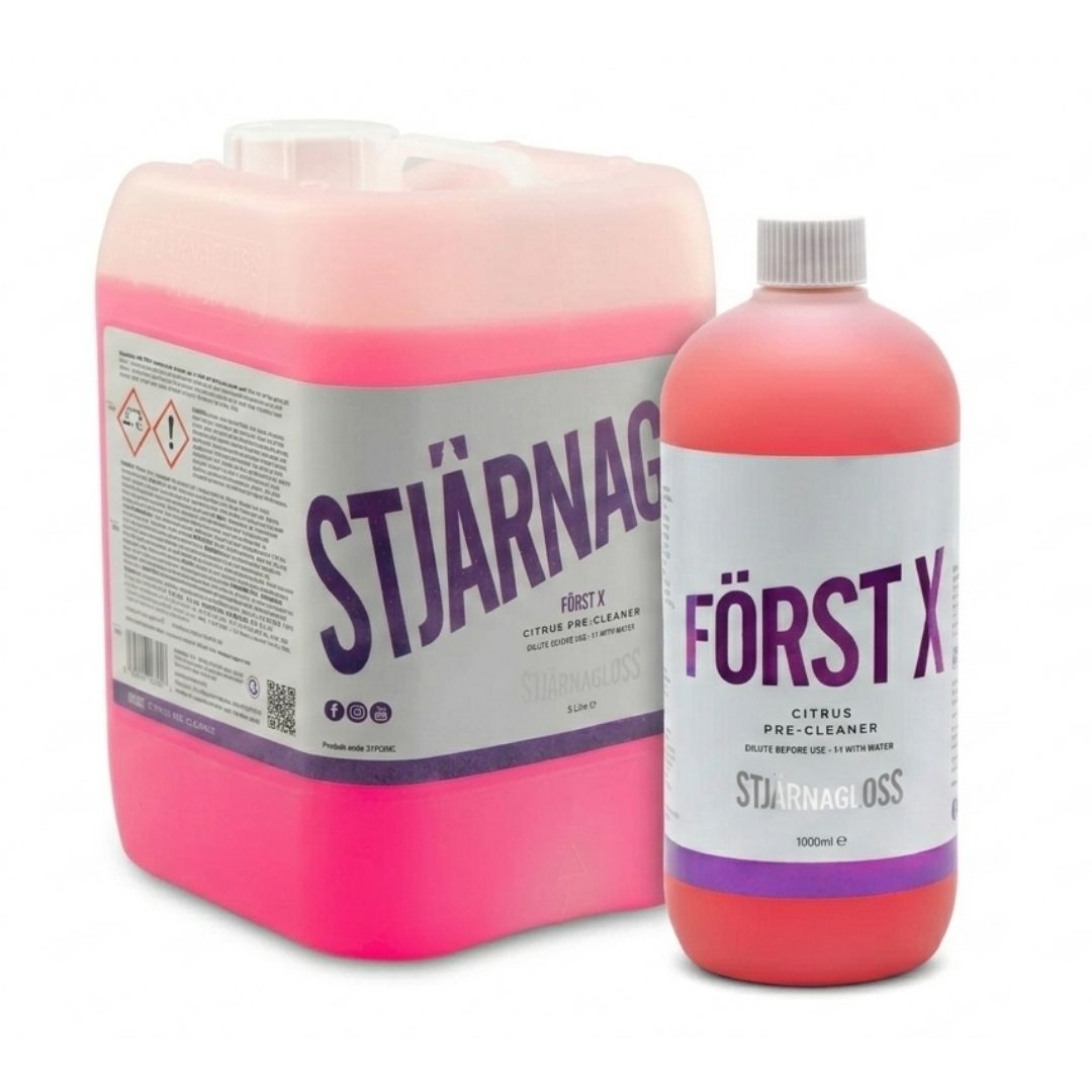 Two bottles of Stjarnagloss  Först X Citrus Pre-Cleaner on a white background