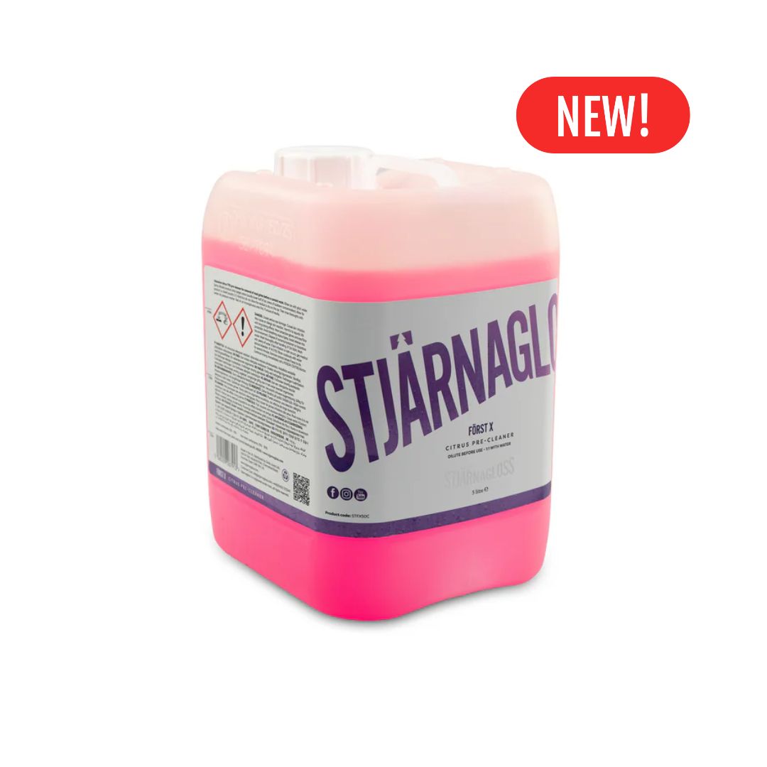 Pink container with a label on a white background, featuring the text 'Stjarnagloss Forst X
