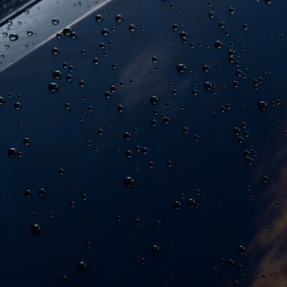 Close-up of water droplets and beading on a dark surface