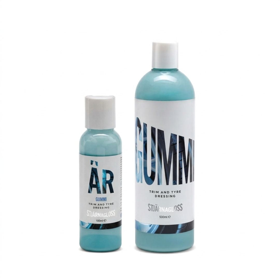100ml and 500ml Bottle of Stjarnagloss GUMMI trim and tyre dressing on a white background