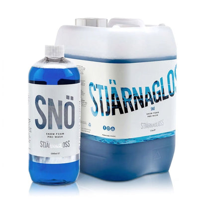 Bottle and large container of Stjarnagloss Sno snow foam on a white background
