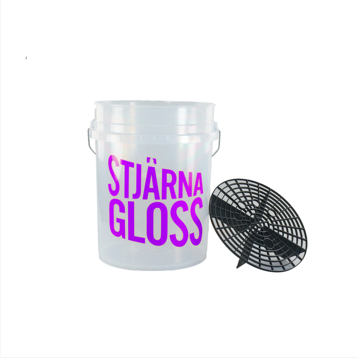 Stjarnagloss Wheel Bucket with grit guard. See through bucket for safe wheel cleaning. 20L bucket and black grit guards. Stjarnagloss Cork Ireland. Safe wash bucket. two bucket wash method.