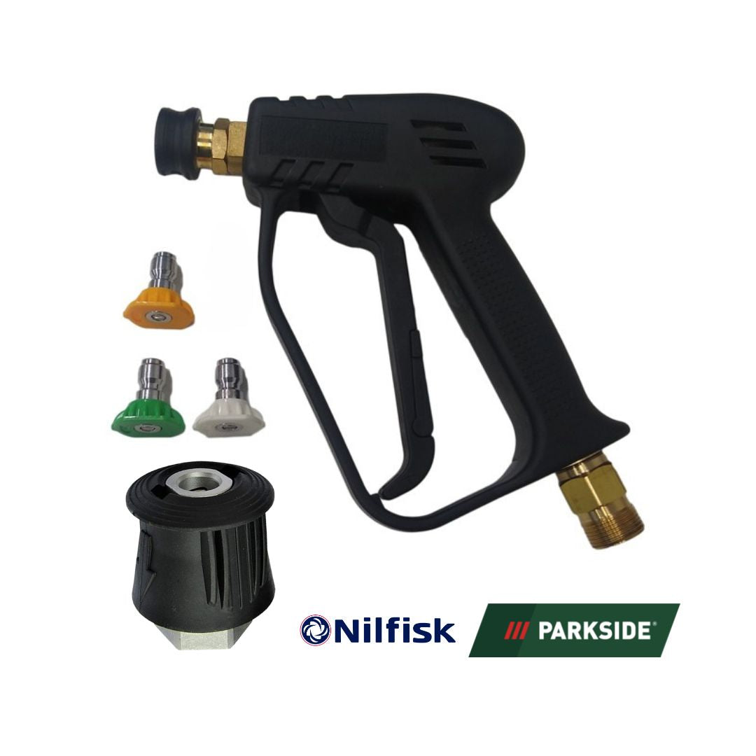 Nilfisk and Parkside power washer Stubby Quick Release Trigger Gun. Snow foam trigger lance. Nilfisk short trigger gun. Kink hose Parkside fix. washme.ie