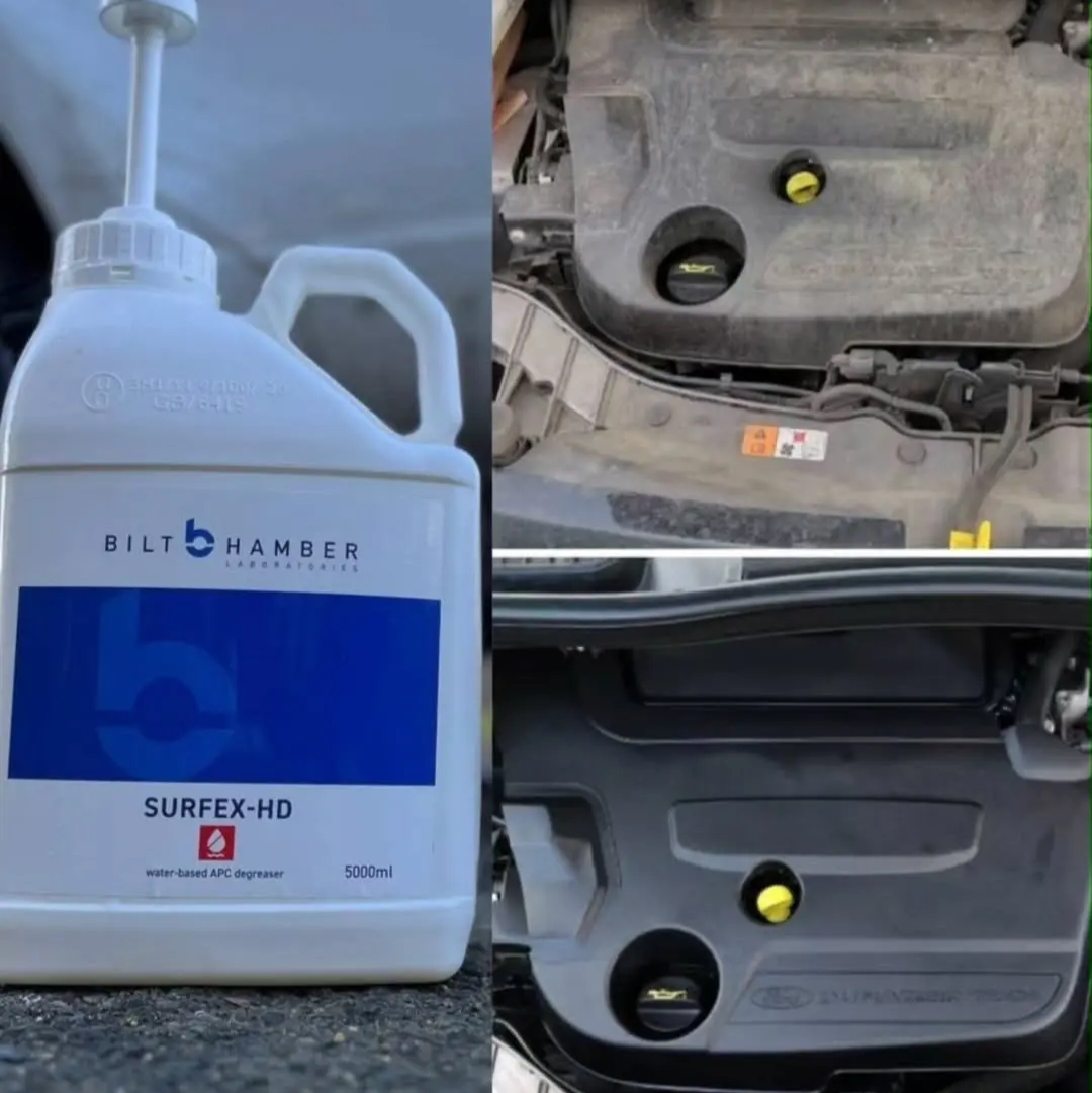 Bilt Hamber Surflex-HD oil container next to a car's engine compartment.