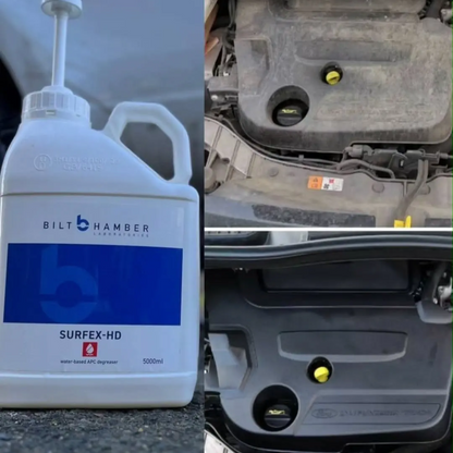 Bilt Hamber Surflex-HD oil container next to a car's engine compartment.