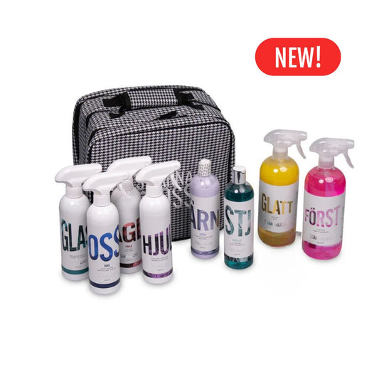 Set of cleaning bottles with a checkered bag labeled 'NEW!' on a white background