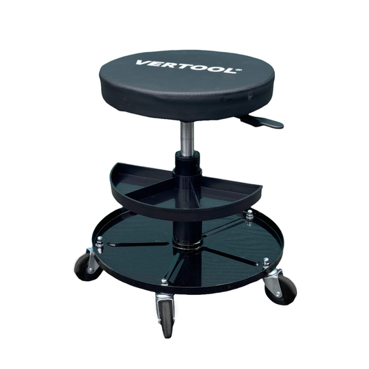 The Vertool Detailing Stool is a fully adjustable stool that is perfect for using when detailing your vehicle. Vertool Ireland. Black stool with wheels and coasters and soft seat. height adjustable.