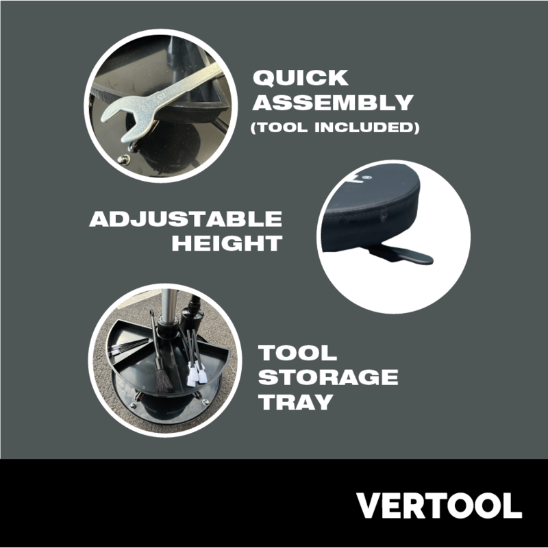 The Vertool Detailing Stool is a fully adjustable stool that is perfect for using when detailing your vehicle. Vertool Ireland. Black stool with wheels and coasters and soft seat. height adjustable.