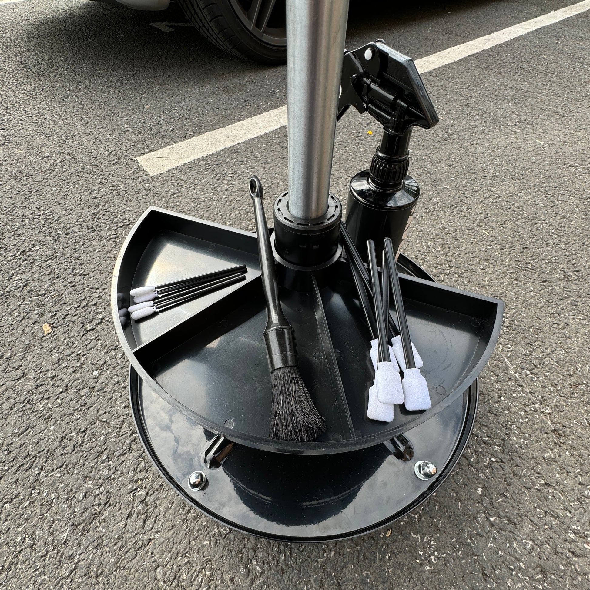 The Vertool Detailing Stool is a fully adjustable stool that is perfect for using when detailing your vehicle. Vertool Ireland. Black stool with wheels and coasters and soft seat. height adjustable.