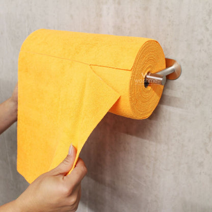 Wall Holder and Dispenser for WashMe Roll of 75x Microfibre Cloths. yellow microfibre on a roll.