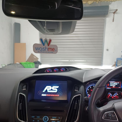 Ford Focus RS interior with dashboard display and 'washme air freshener' hanging off mirror