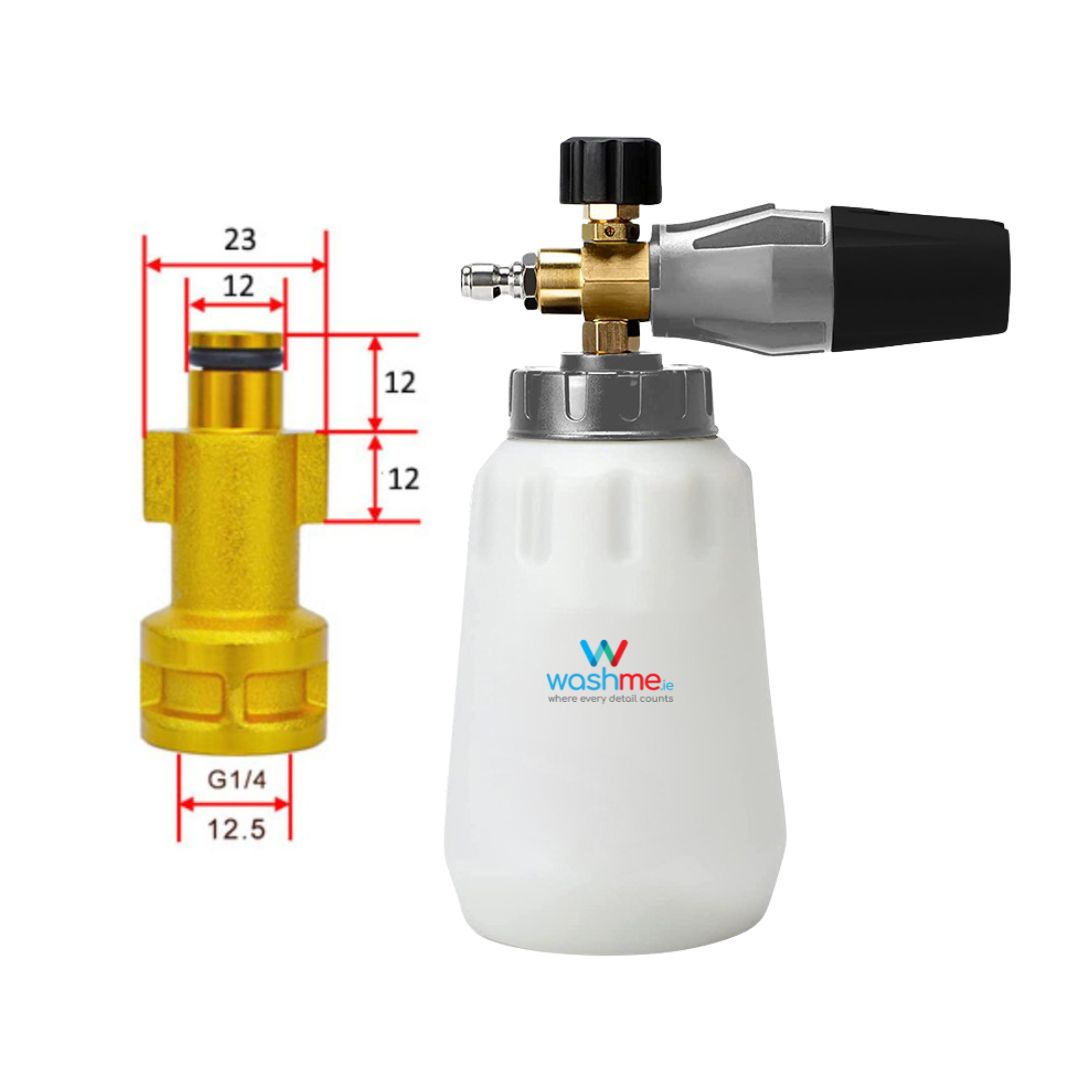 Bosch Old Foam cannon with measurements and Washme logo on a white background