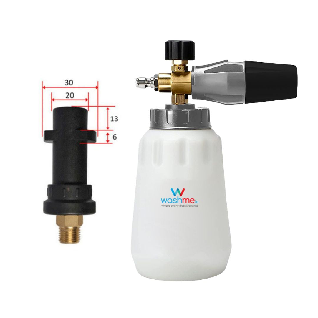 Karcher K Series Foam cannon with measurements and Washme logo on a white background