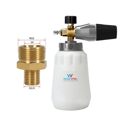 Kranzle, M22 Foam cannon with brass nozzle and measurements on a white background, featuring the Washme brand.
