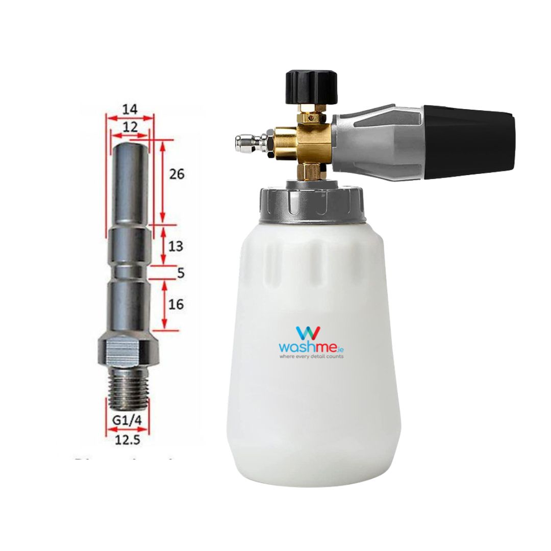 Nilfisk D12 Foam cannon with measurements and Washme branding on a white background