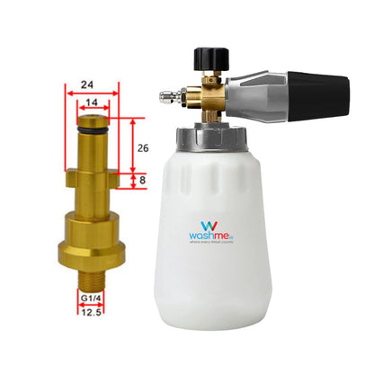 Nilfisk Pro Foam cannon with measurements and Washme logo on a white background