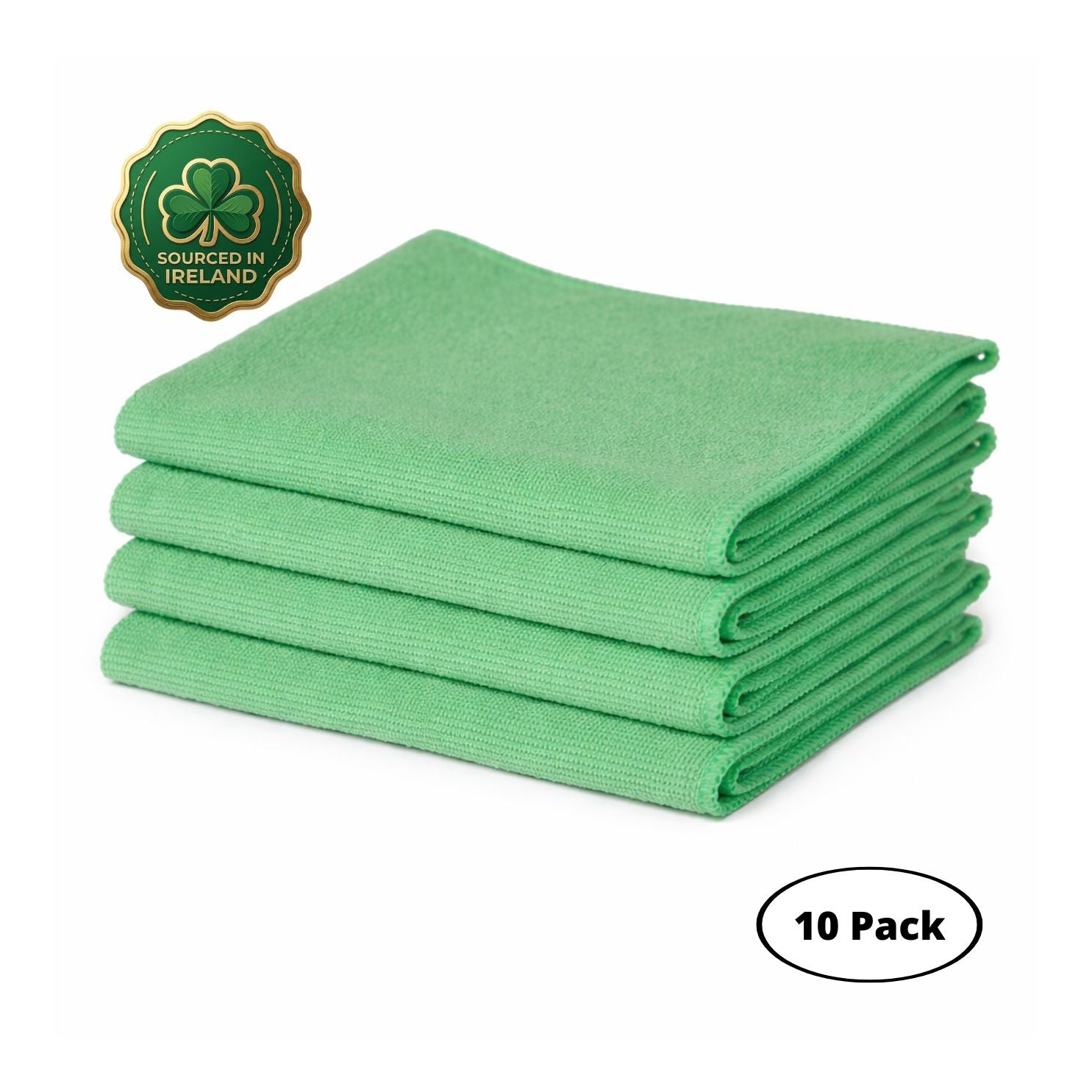 Stack of green washme microfibre cloths with a shamrock logo and 'Sourced in Ireland' text on a white background.