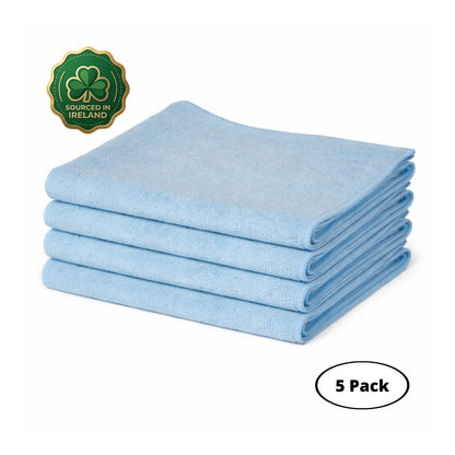 Stack of blue washme microfibre cloths with a shamrock logo and 'Sourced in Ireland' text on a white background.