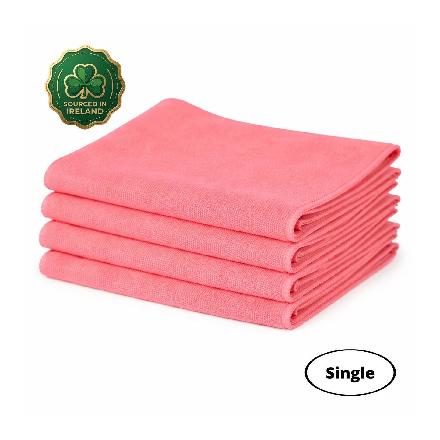 Stack of light red washme microfibre cloths with a shamrock logo and 'Sourced in Ireland' text on a white background.