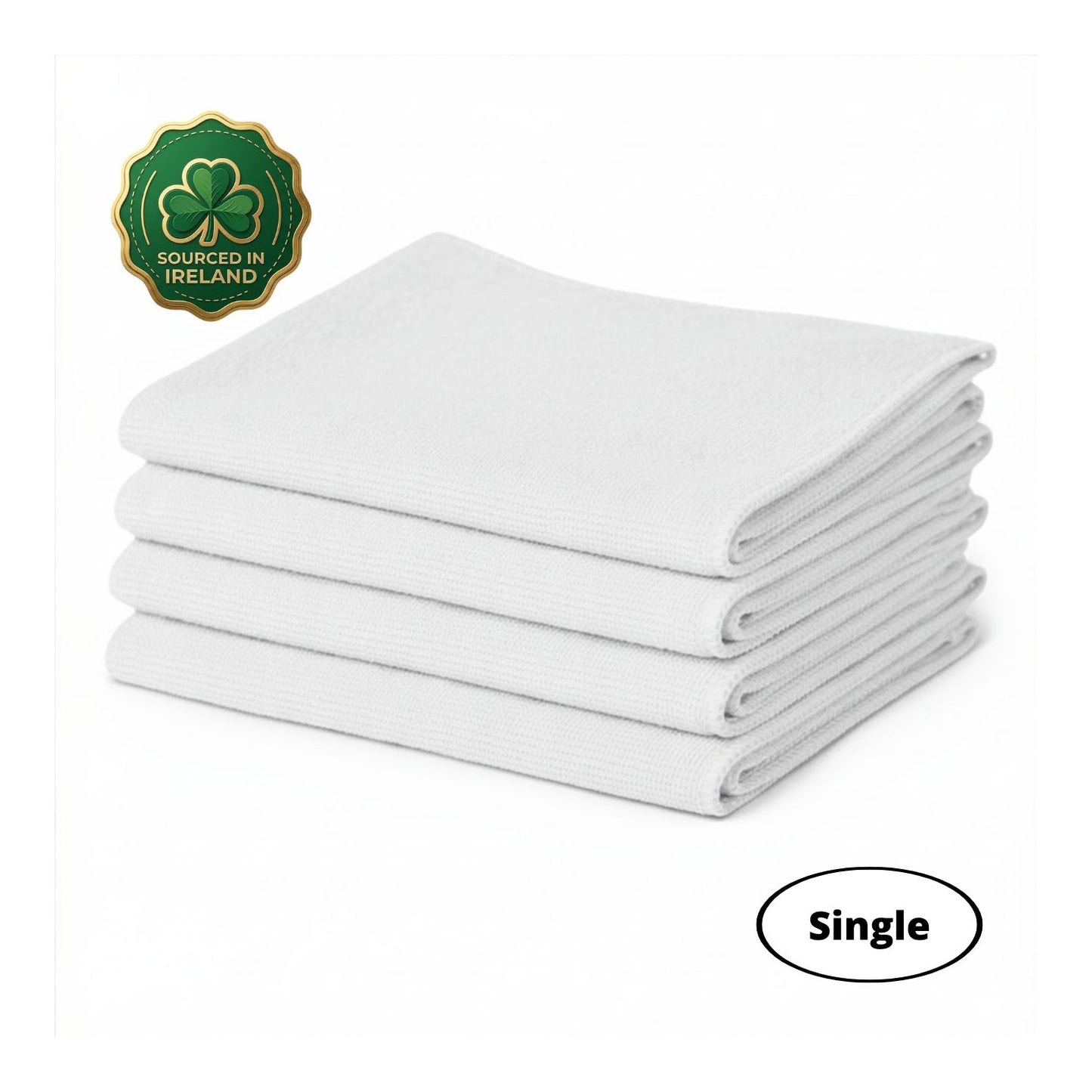 Stack of white washme microfibre cloths with an Irish shamrock logo on a white background