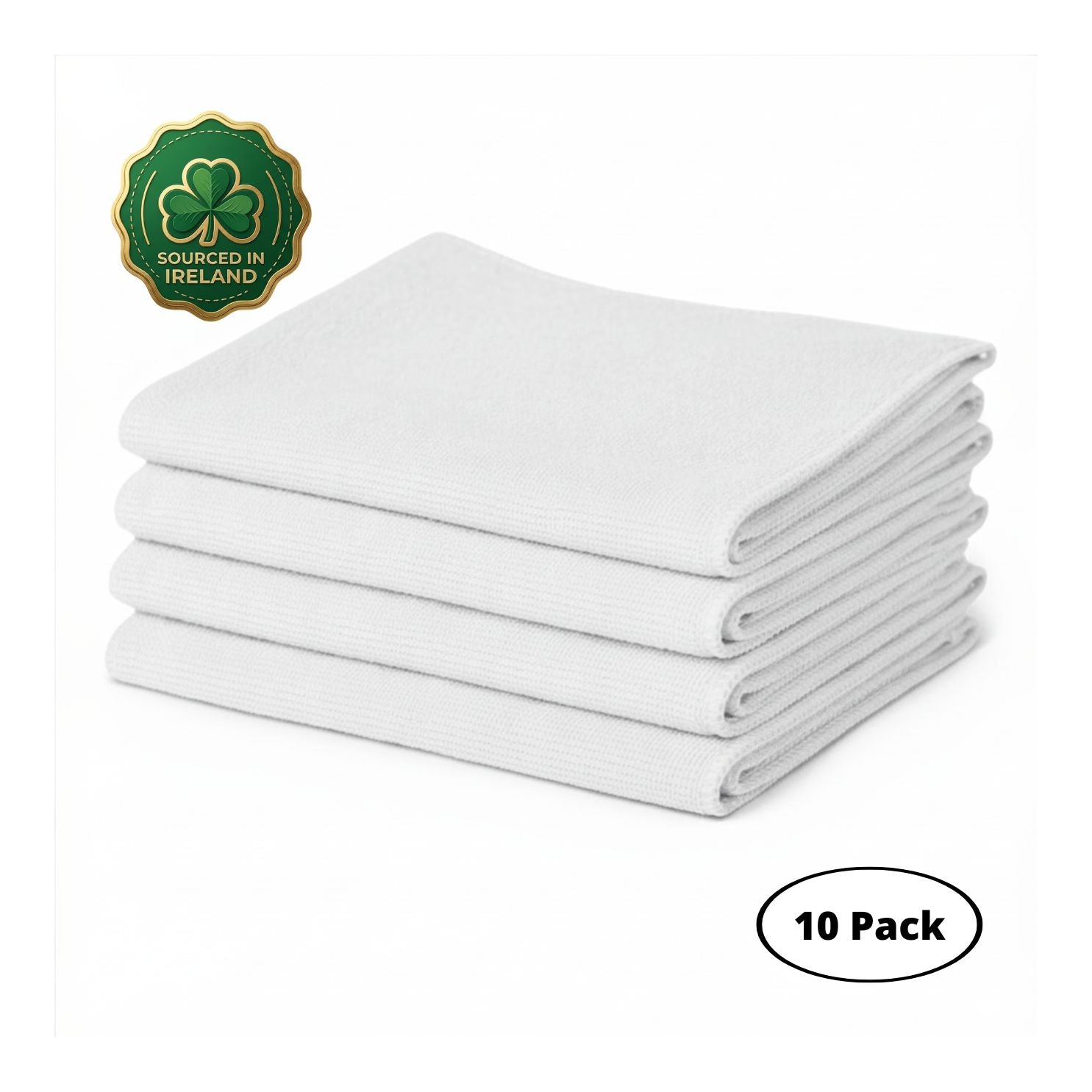 Stack of white washme microfibre cloths with a shamrock logo and 'Sourced in Ireland' text on a white background.