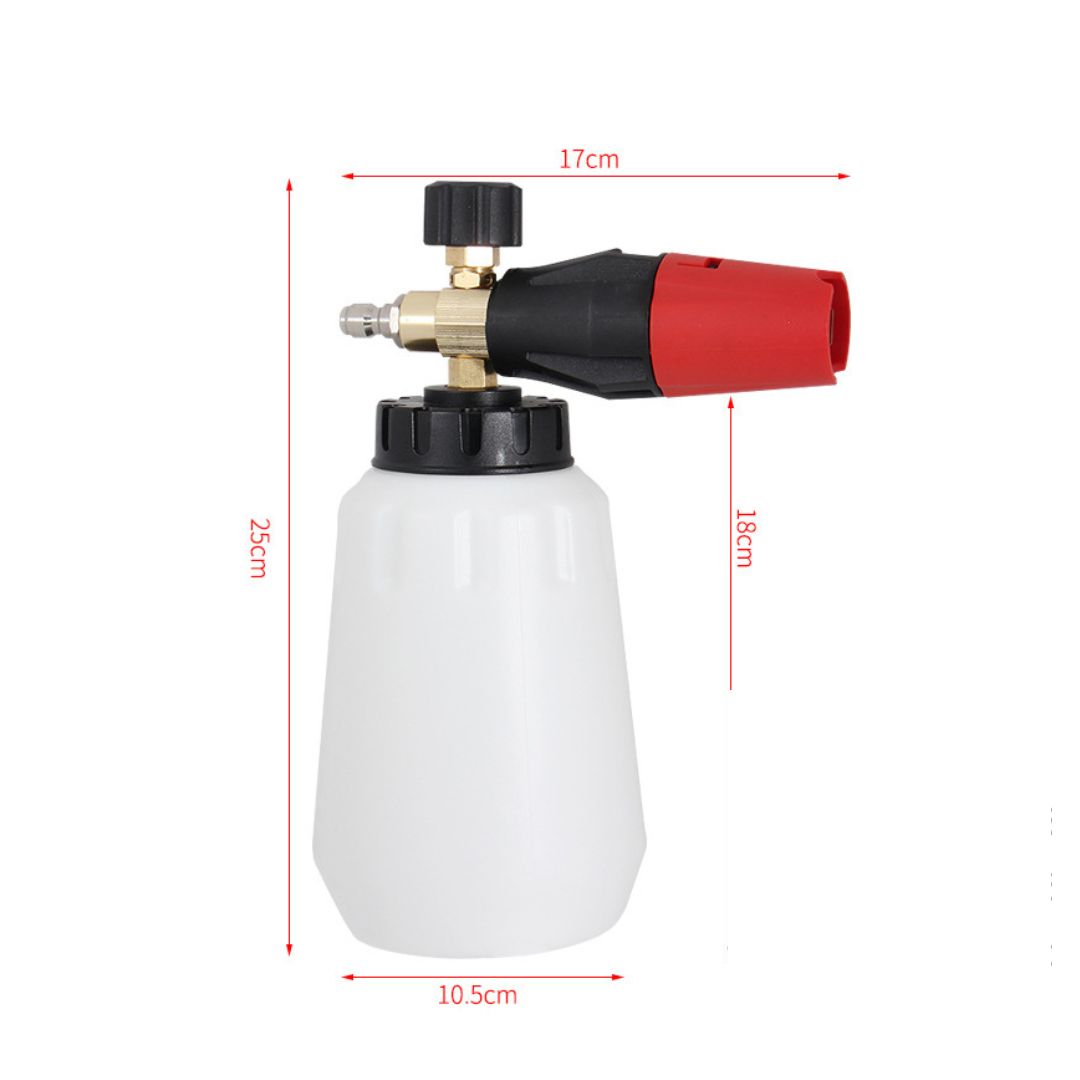 Red and black foam cannon with measurements on a white background