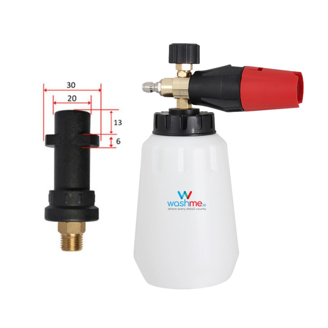 Karcher Foam cannon with measurement details and 'washme' branding on a white background