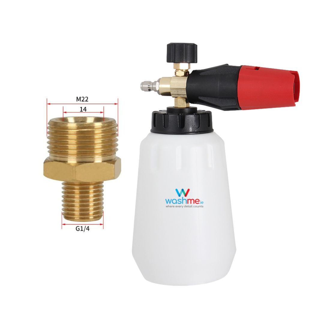 Kranzle or M22 Foam cannon with brass nozzle and white container labeled 'washme' on a white background