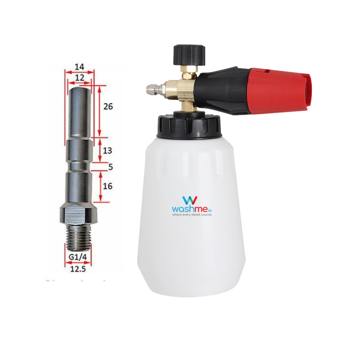 Nilfisk D12/Kranzle/Kew/Alto Foam cannon with measurements and washme logo on a white background