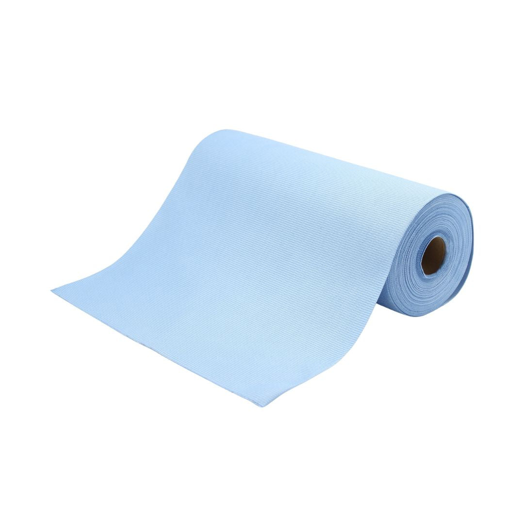 Roll of blue microfibre glass cloth on a white background