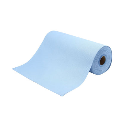 Roll of blue microfibre glass cloth on a white background
