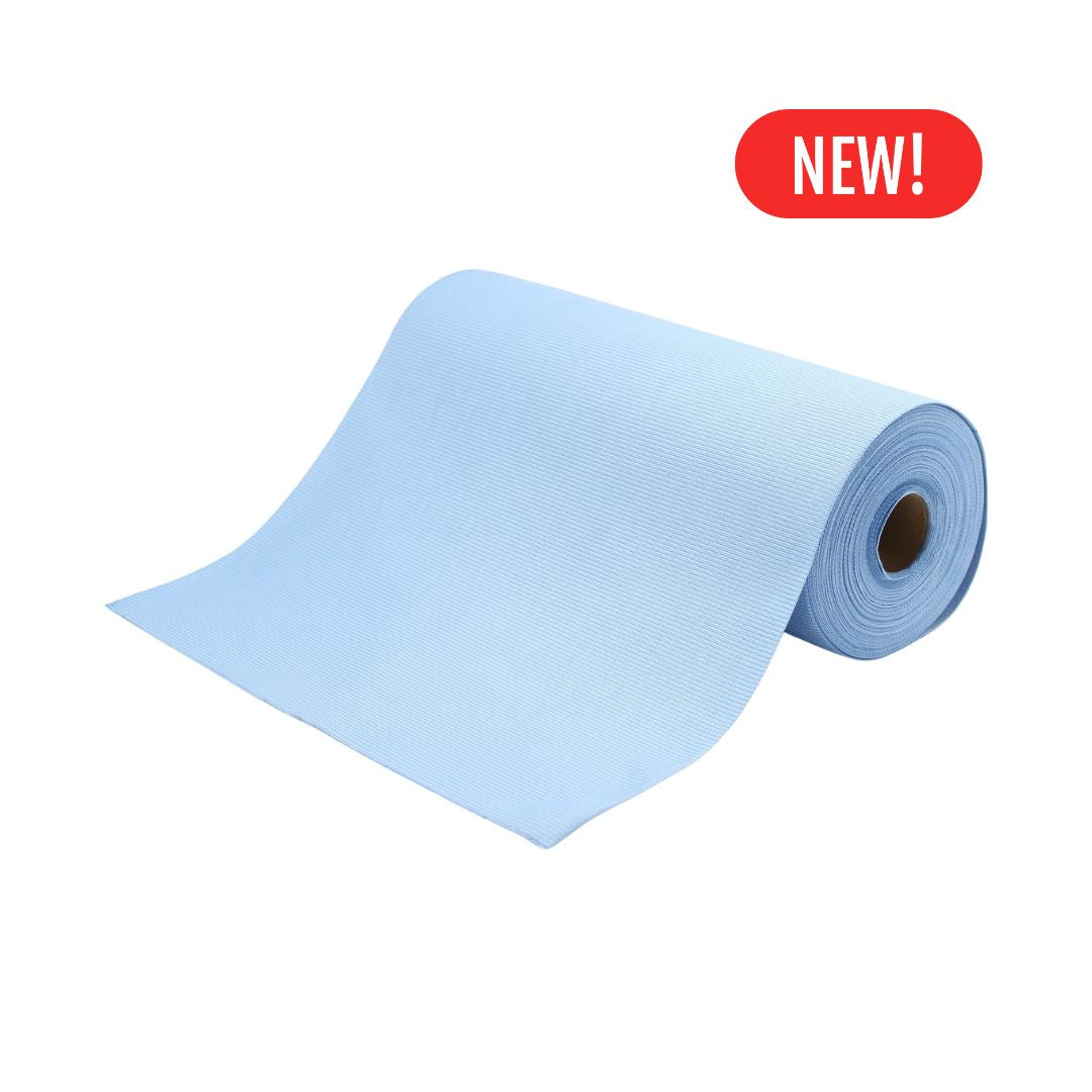 Roll of blue microfibre glass cloth on a white background with "NEW" label