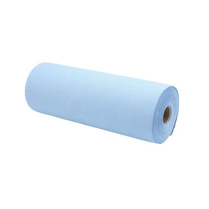 Roll of blue microfibre glass cloth on a white background