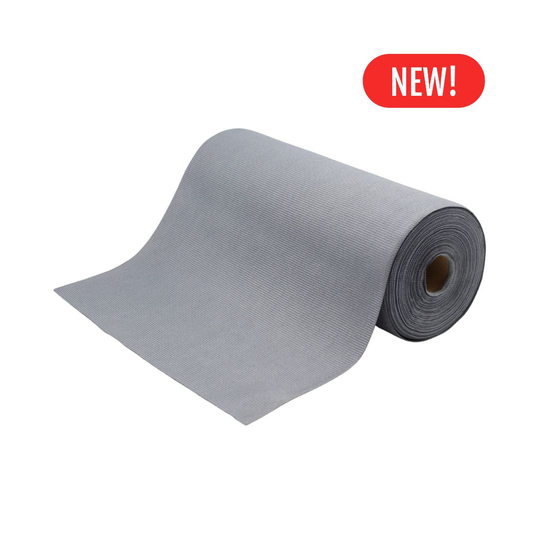 Roll of gray microfibre glass cloth on a white background with "NEW" Label