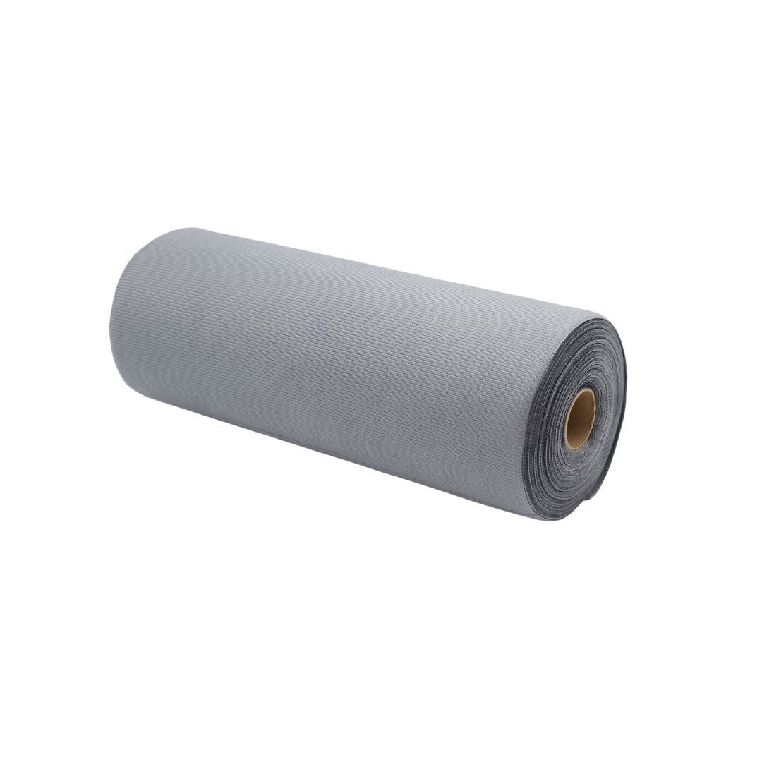 Roll of gray microfibre glass cloth on a white background