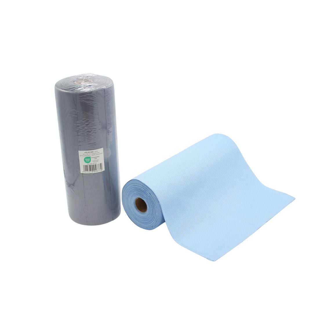 Two rolls of microfibre glass cloths, one gray and one blue, on a white background.