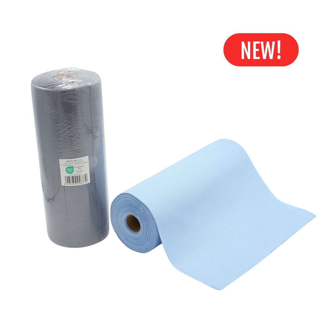 Two rolls of microfibre glass cloths, one grey and one blue, on a white background with a 'NEW!' label.