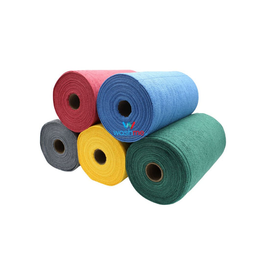 Roll of multicolour  microfibre cloth for workshop. Rolls of microfibre cloths are a more durable and qualitative alternative to rolls of paper cloth. After use, wash them in the washing machine to use again. Ideal for general cleaning and the automotive sector.