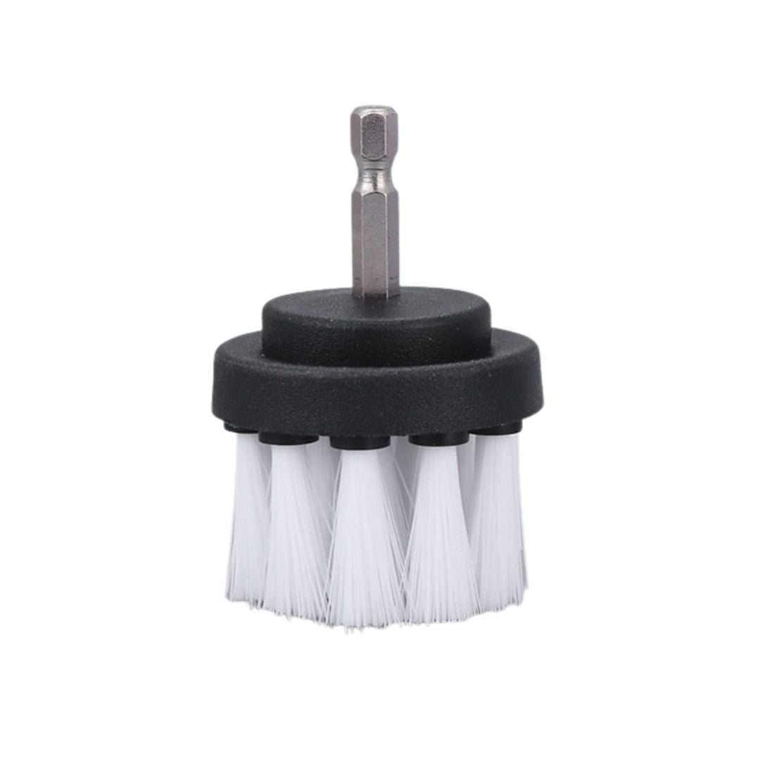 A cordless brush attachment with a silver hex driver bit, black plastic collar, and white bristles, shown on a plain white background.