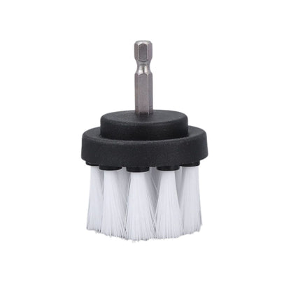 A cordless brush attachment with a silver hex driver bit, black plastic collar, and white bristles, shown on a plain white background.
