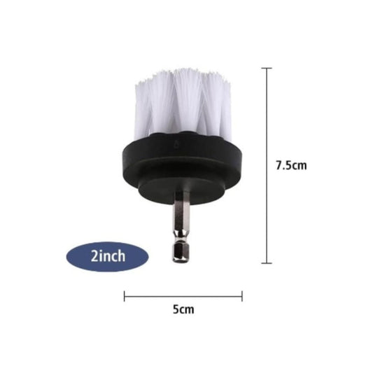 A cordless brush attachment with a silver hex driver bit, black plastic collar, and white bristles, shown on a plain white background.