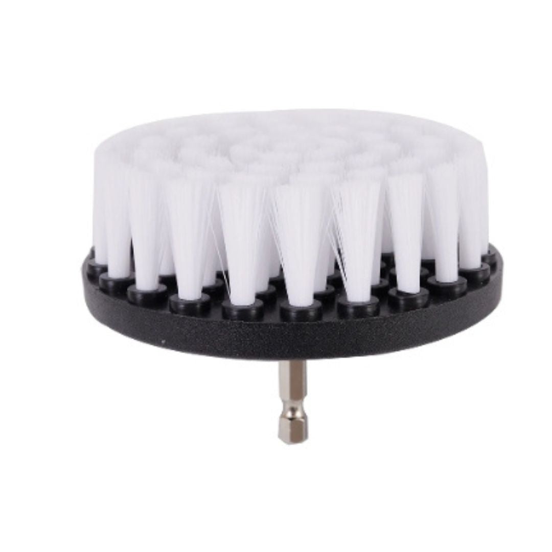 A cordless brush attachment with a silver hex driver bit, black plastic collar, and white bristles, shown on a plain white background.