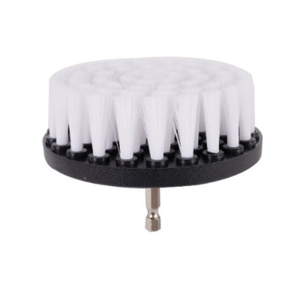 A cordless brush attachment with a silver hex driver bit, black plastic collar, and white bristles, shown on a plain white background.