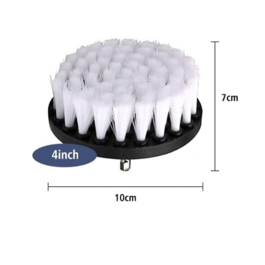 A cordless brush attachment with a silver hex driver bit, black plastic collar, and white bristles, shown on a plain white background.