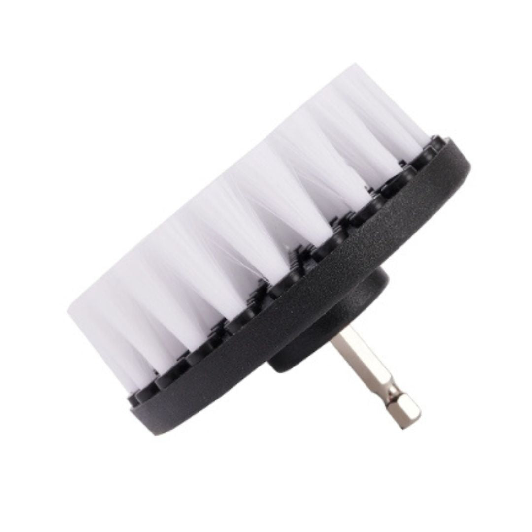 A cordless brush attachment with a silver hex driver bit, black plastic collar, and white bristles, shown on a plain white background.