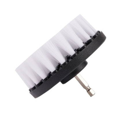 A cordless brush attachment with a silver hex driver bit, black plastic collar, and white bristles, shown on a plain white background.