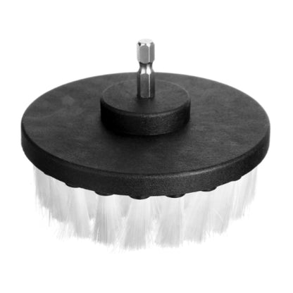 A circular black brush attachment with white bristles and a central hex socket, isolated on a white background.