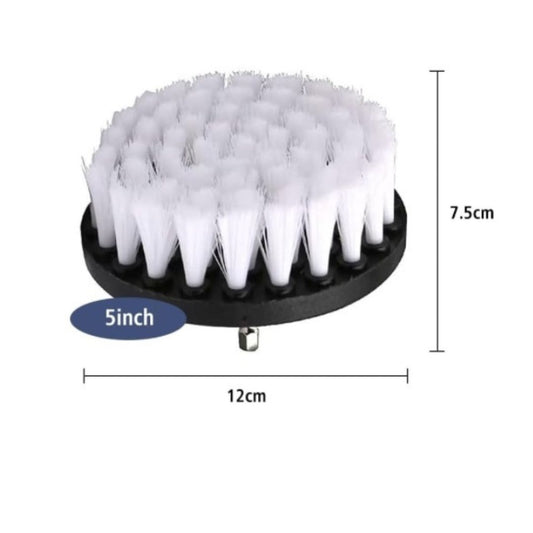 A round black cleaning brush with white bristles, shown with dimension labels indicating 12cm width, 7.5cm height, and a 5-inch diameter on a white background.