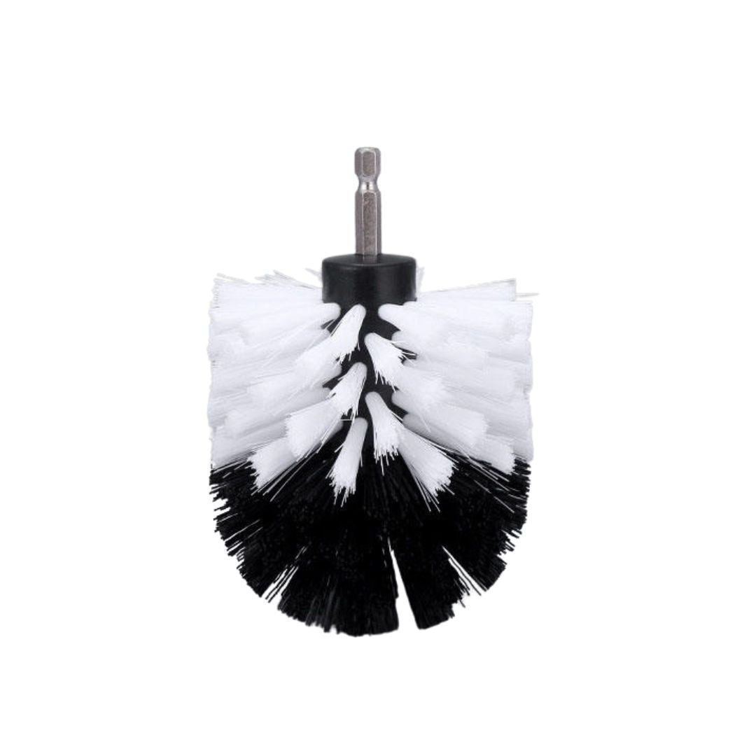 A dual-color cleaning brush with white and black bristles, a black plastic core, and a silver metal shaft, isolated on a white background.