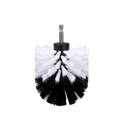 A dual-color cleaning brush with white and black bristles, a black plastic core, and a silver metal shaft, isolated on a white background.